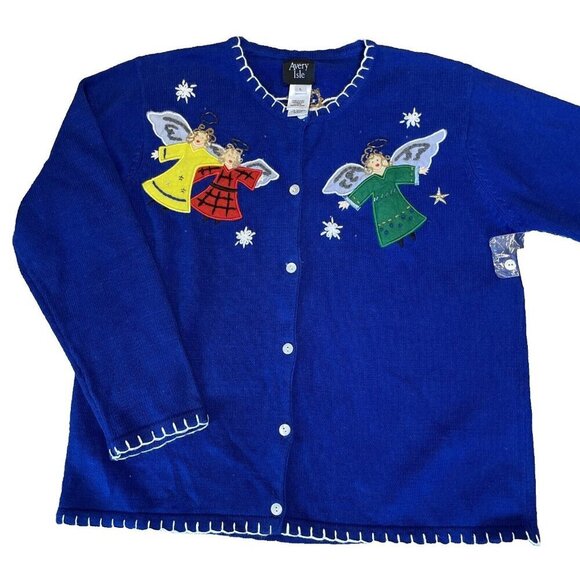 Avery Sweaters - VTG Avery Isle Womens Christmas Cardigan Sweater Size L Angels Appliqué Blue NWT